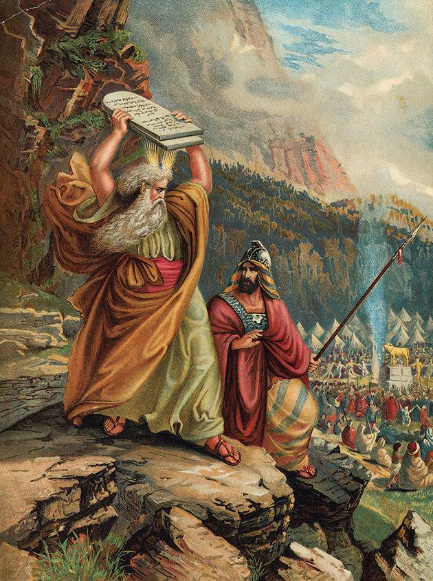 Mózes Isten törvényeivel a kezében megpillantja az aranyborjút imádó zsidókat